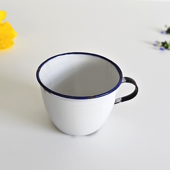 Antique K.E.R. Sweden White Enamelware Cup Blue White Trim Coffee Small Teacup - Picture 14 of 16